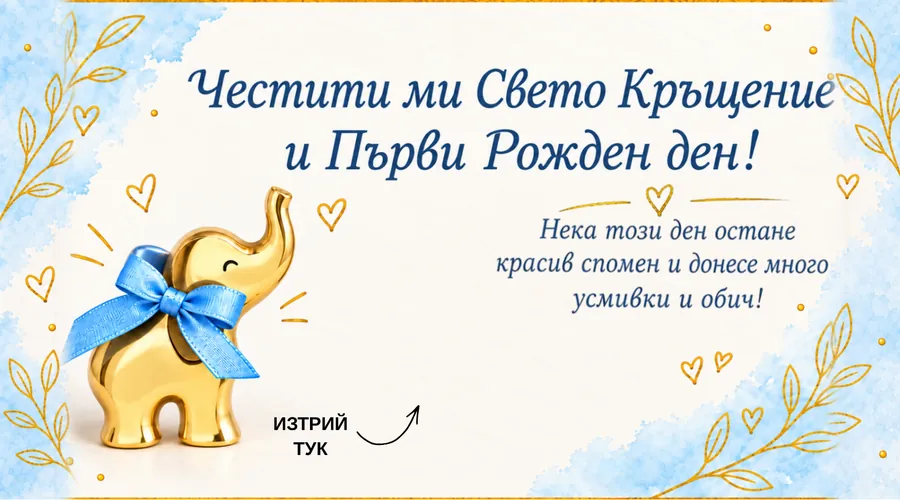 Скреч карта Златно слонче за кръщене - Златно слонче със синя панделка върху акварелно небе. За кръщене и първи рожден ден.