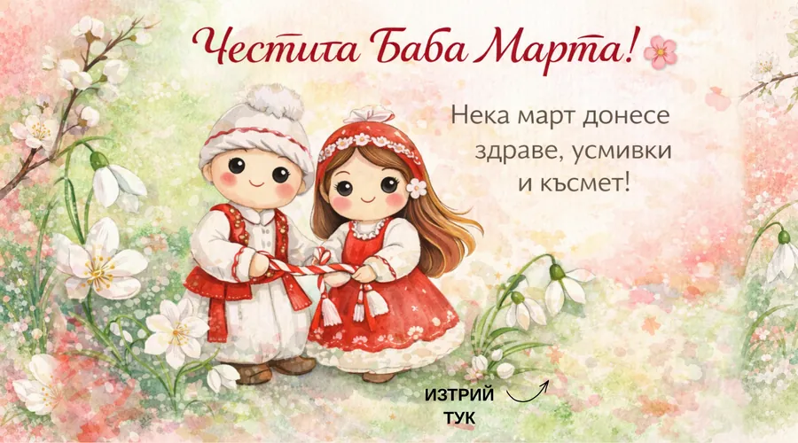 Скреч карта Баба Марта за празници - Пижо и Пенда с мартеница, готово пожелание. За 1 март.