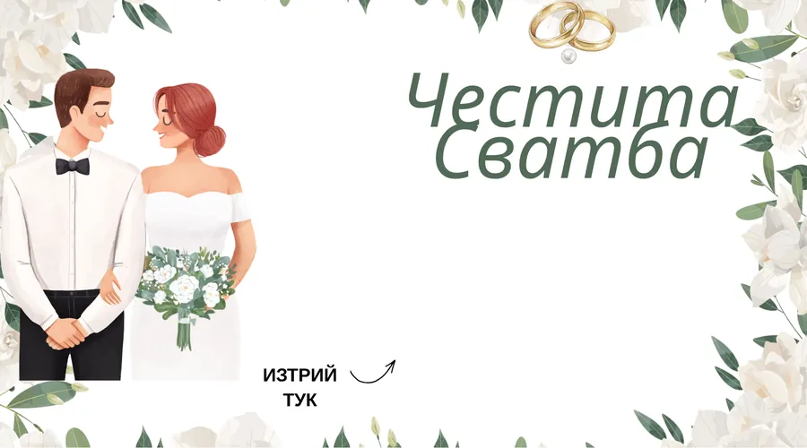 Скреч карта Двойка и халки за сватба - Рисувана двойка вляво, златни халки и бели цветя наоколо.